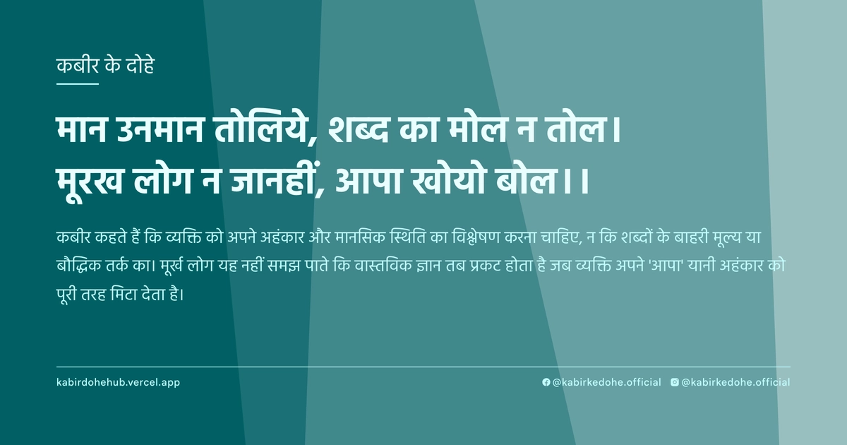 मान उनमान तोलिये, शब्‍द का मोल न तोल। मूरख लोग न जानहीं, आपा खोयो बोल।।