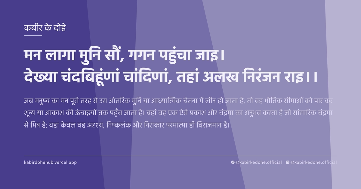 मन लागा मुनि सौं, गगन पहुंचा जाइ। देख्या चंदबिहूंणां चांदिणां, तहां अलख निरंजन राइ।।