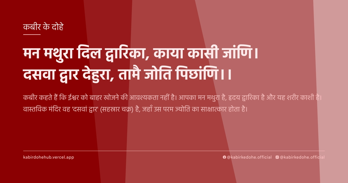 मन मथुरा दिल द्वारिका, काया कासी जांणि। दसवा द्वार देहुरा, तामै जोति पिछांणि।।