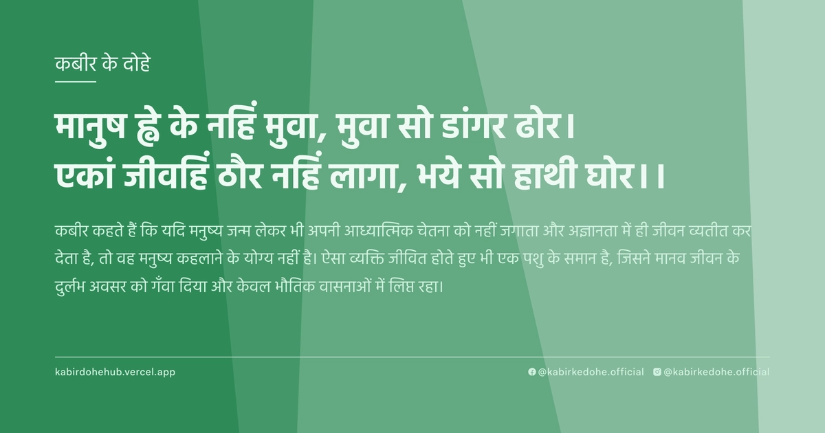 मानुष ह्वे के नहिं मुवा, मुवा सो डांगर ढोर। एकां जीवहिं ठौर नहिं लागा, भये सो हाथी घोर।।