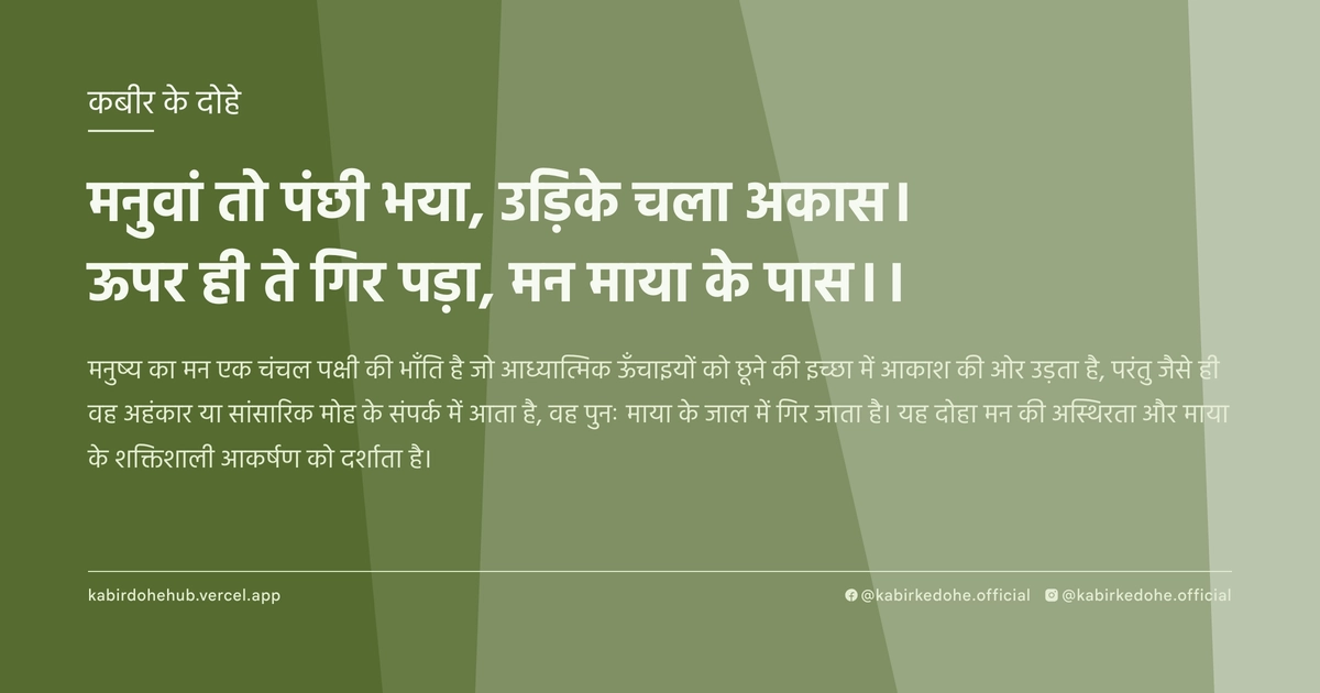 मनुवां तो पंछी भया, उड़‍िके चला अकास। ऊपर ही ते गिर पड़ा, मन माया के पास।।
