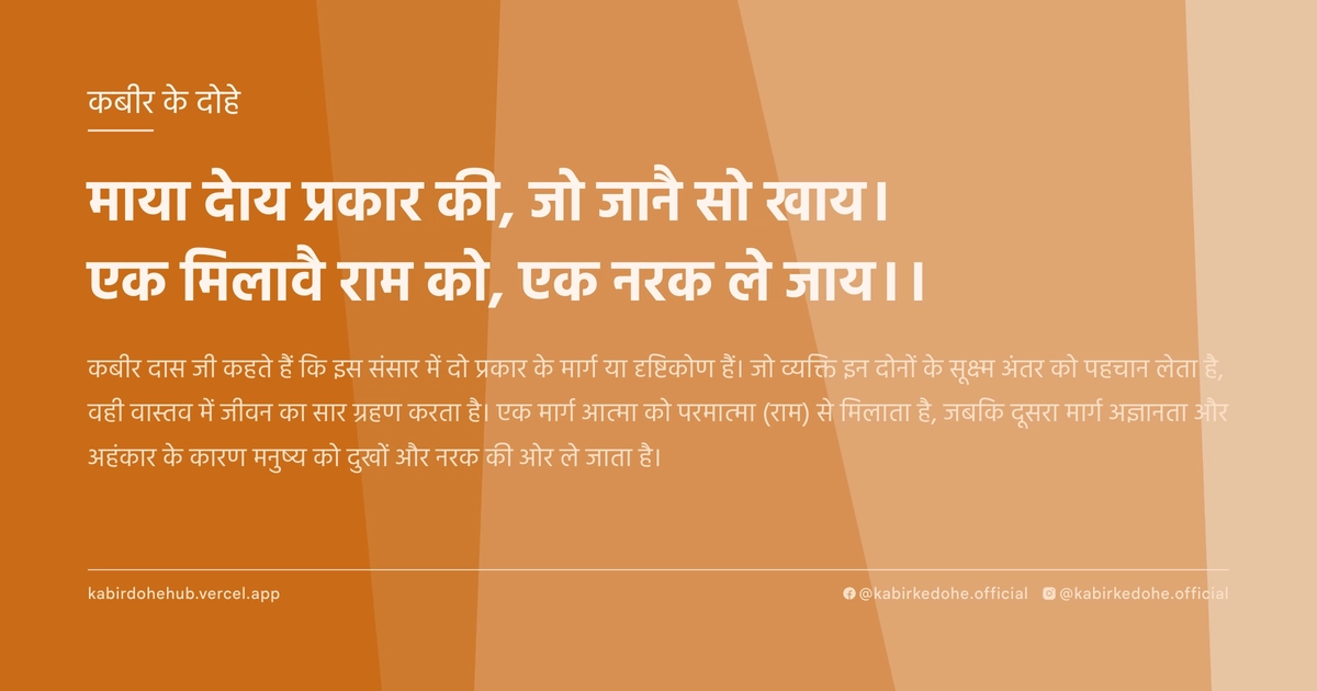 माया देाय प्रकार की, जो जानै सो खाय। एक मिलावै राम को, एक नरक ले जाय।।