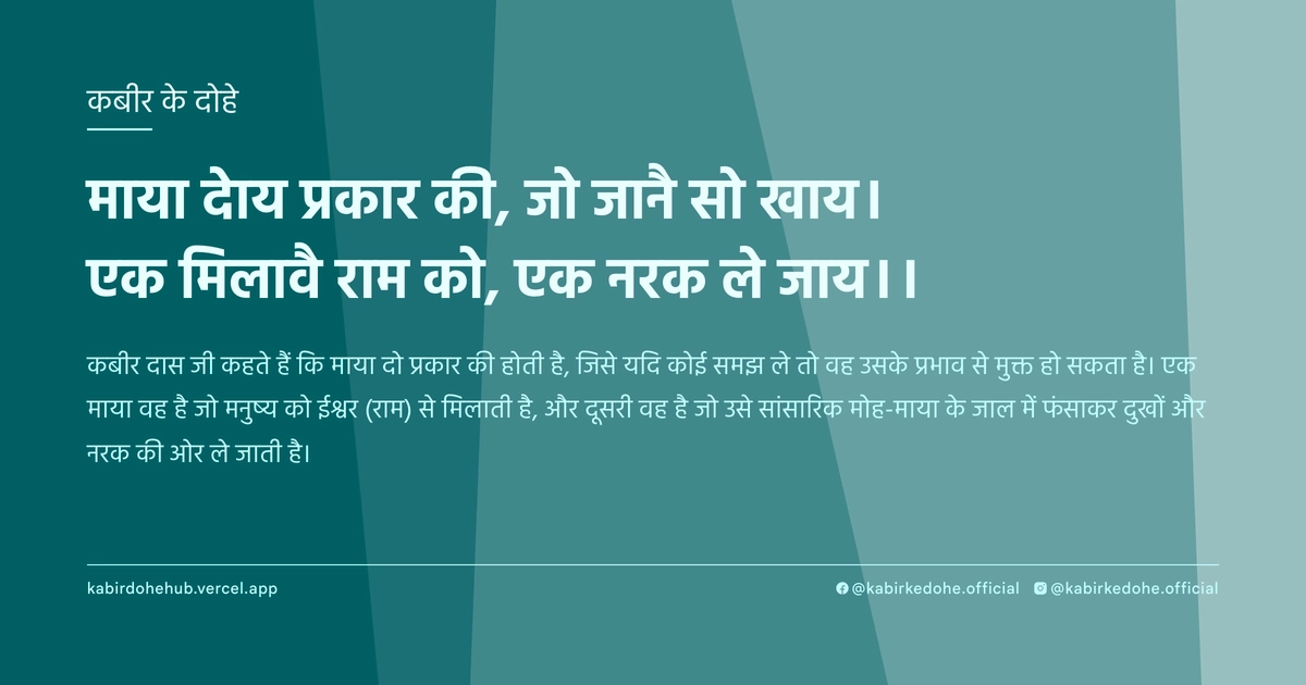 माया देाय प्रकार की, जो जानै सो खाय। एक मिलावै राम को, एक नरक ले जाय।।