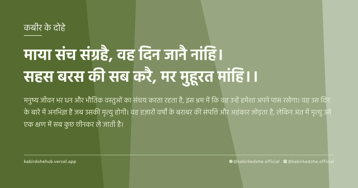 माया संच संग्रहै, वह दिन जानै नांहि। सहस बरस की सब करै, मर मुहूरत मांहि।।