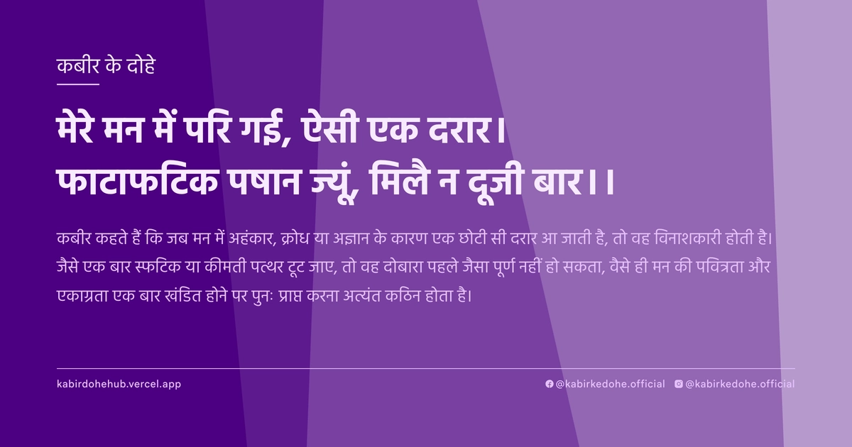 मेरे मन में परि गई, ऐसी एक दरार। फाटाफटिक पषान ज्‍यूं, मिलै न दूजी बार।।