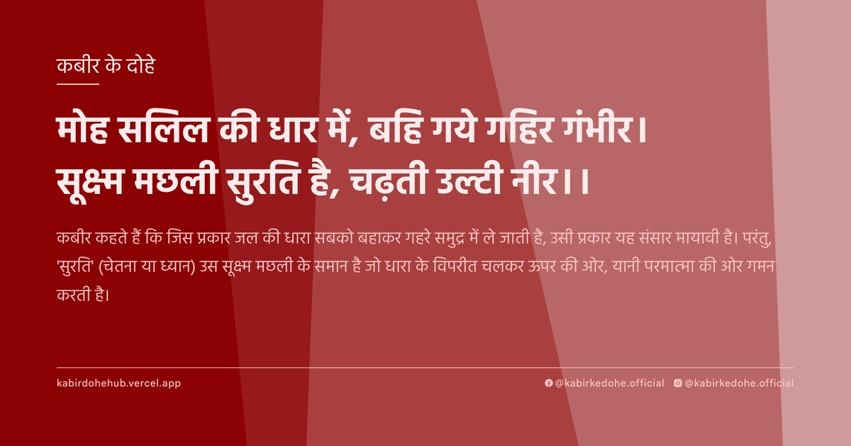 मोह सलिल की धार में, बहि गये गहिर गंभीर। सूक्ष्म मछली सुरति है, चढ़ती उल्टी नीर।।