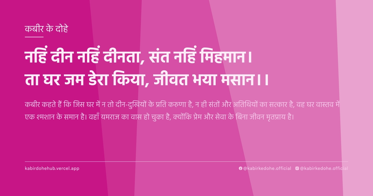 नहिं दीन नहिं दीनता, संत नहिं मिहमान। ता घर जम डेरा किया, जीवत भया मसान।।