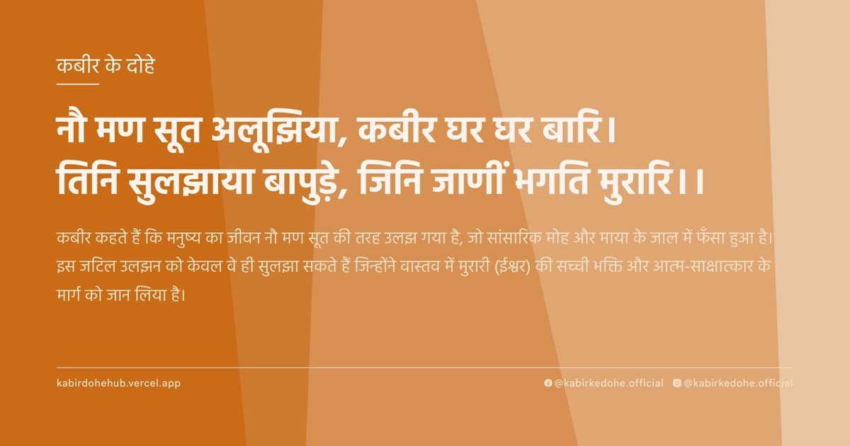 नौ मण सूत अलूझिया, कबीर घर घर बारि। तिनि सुलझाया बापुड़े, जिनि जाणीं भगति मुरारि।।