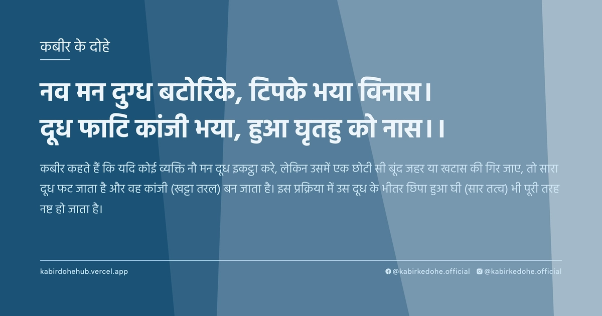 नव मन दुग्ध बटोरिके, टिपके भया विनास। दूध फाटि कांजी भया, हुआ घृतहु को नास।।