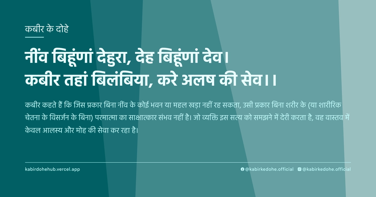 नींव बिहूंणां देहुरा, देह बिहूंणां देव। कबीर तहां बिलंबिया, करे अलष की सेव।।