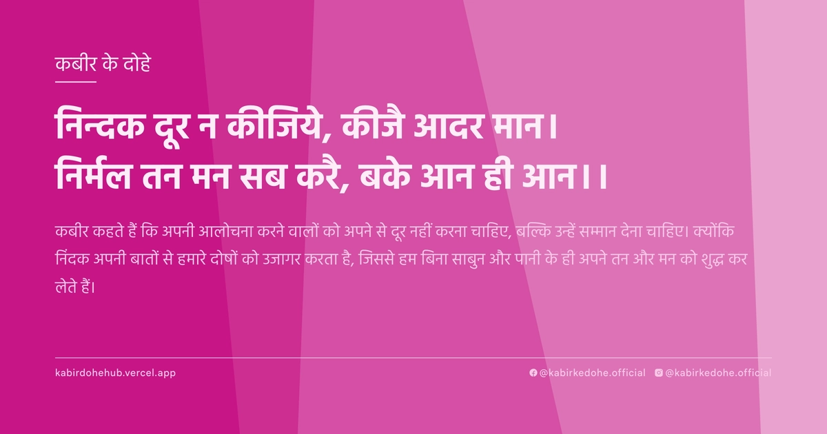 निन्‍दक दूर न कीजिये, कीजै आदर मान। निर्मल तन मन सब करै, बके आन ही आन।।