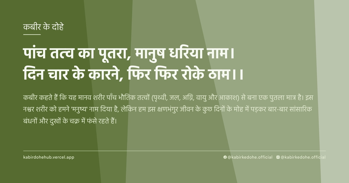 पांच तत्‍व का पूतरा, मानुष धरिया नाम। दिन चार के कारने, फिर फिर रोके ठाम।।