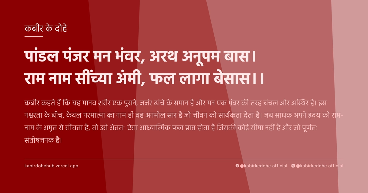 पांडल पंजर मन भंवर, अरथ अनूपम बास। राम नाम सींच्या अंमी, फल लागा बेसास।।