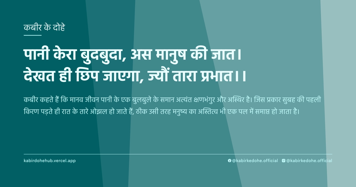 पानी केरा बुदबुदा, अस मानुष की जात। देखत ही छिप जाएगा, ज्‍यौं तारा प्रभात।।