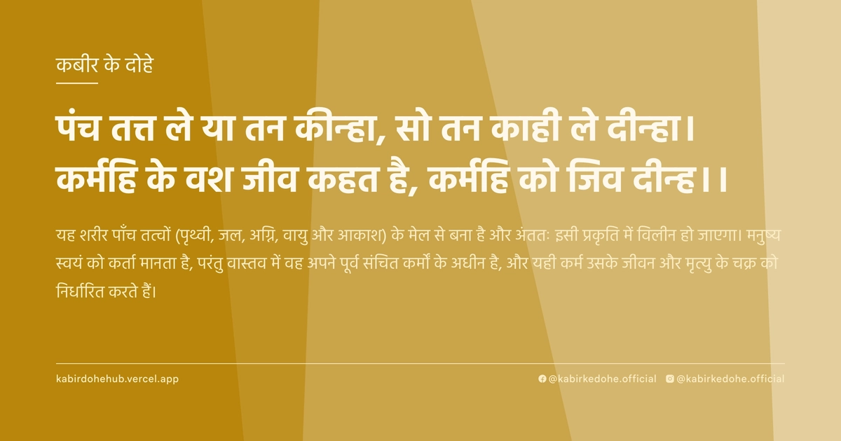 पंच तत्त ले या तन कीन्हा, सो तन काही ले दीन्हा। कर्महि के वश जीव कहत है, कर्महि को जिव दीन्ह।।