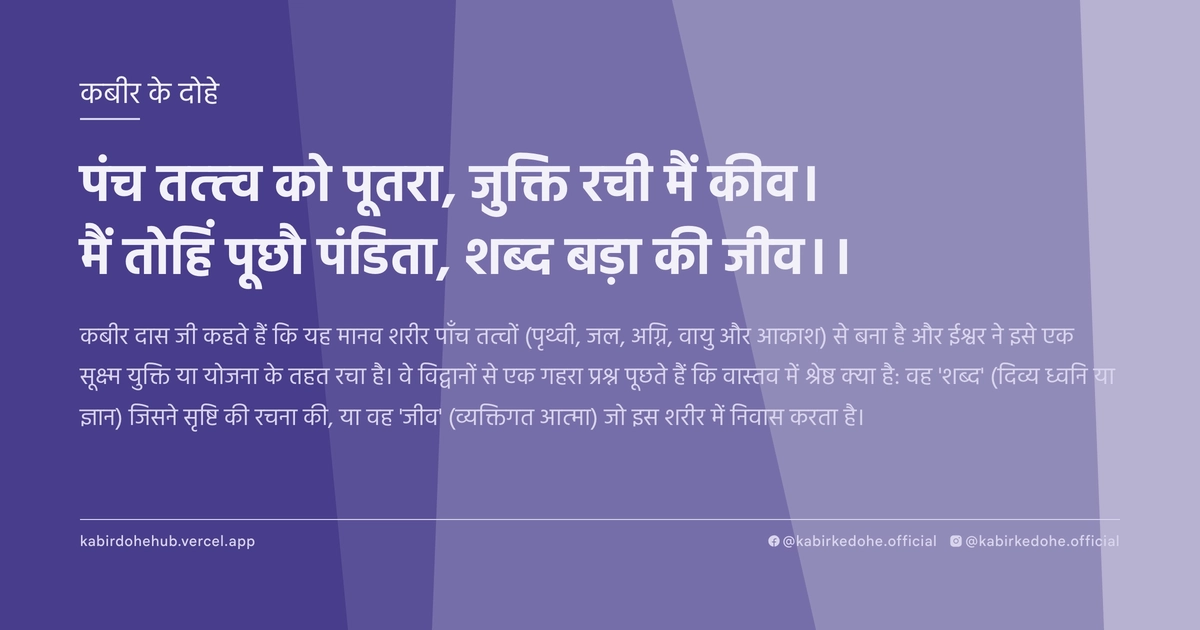 पंच तत्त्‍व को पूतरा, जुक्ति रची मैं कीव। मैं तोहिं पूछौ पंडिता, शब्‍द बड़ा की जीव।।