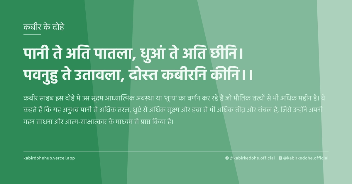 पानी ते अति पातला, धुआं ते अति छीनि। पवनुहु ते उतावला, दोस्‍त कबीरनि कीनि।।