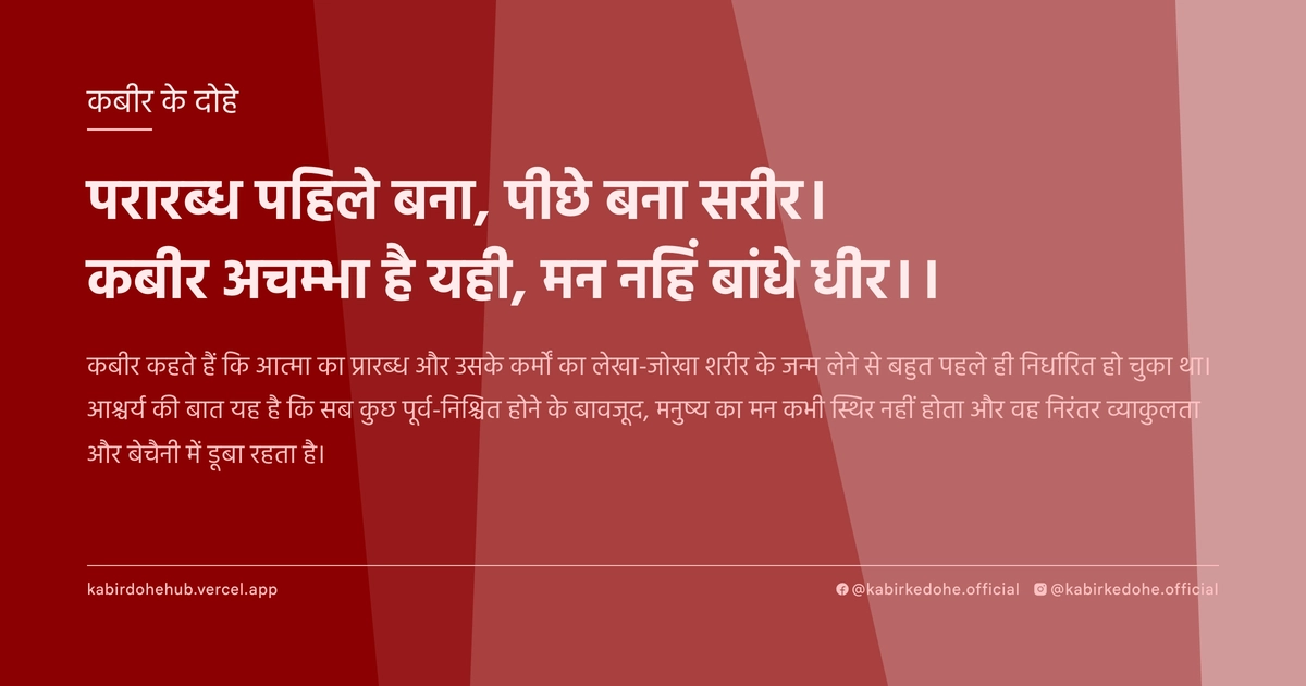परारब्ध पहिले बना, पीछे बना सरीर। कबीर अचम्भा है यही, मन नहिं बांधे धीर।।