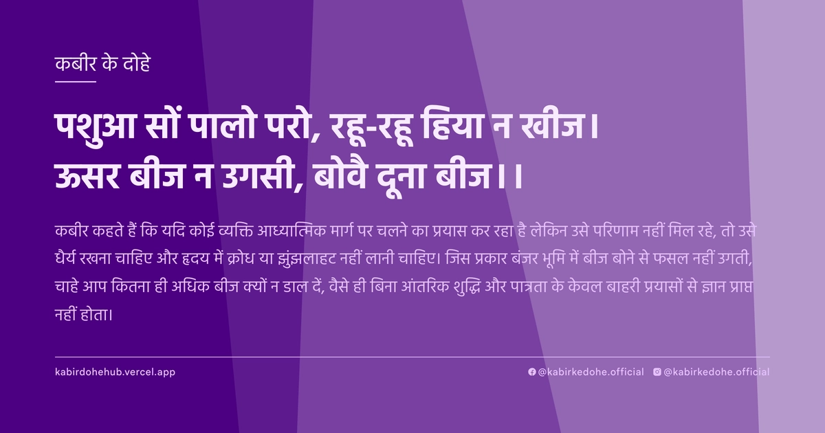 पशुआ सों पालो परो, रहू-रहू हिया न खीज। ऊसर बीज न उगसी, बोवै दूना बीज।।