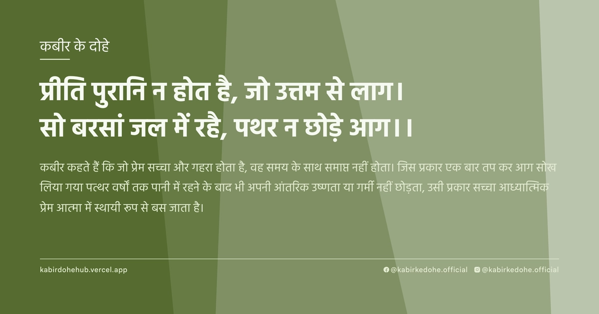 प्रीति पुरानि न होत है, जो उत्तम से लाग। सो बरसां जल में रहै, पथर न छोड़े आग।।