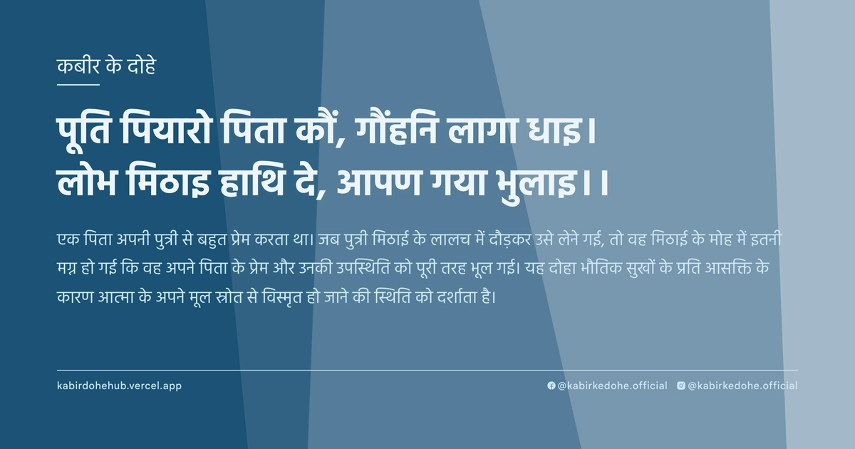पूति पियारो पिता कौं, गौंहनि लागा धाइ। लोभ मिठाइ हाथि दे, आपण गया भुलाइ।।