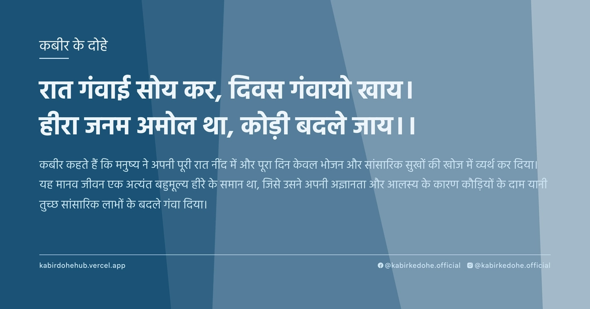 रात गंवाई सोय कर, दिवस गंवायो खाय। हीरा जनम अमोल था, कोड़ी बदले जाय।।