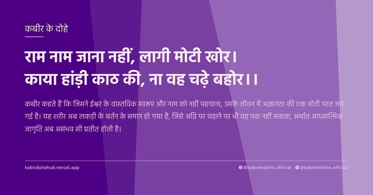 राम नाम जाना नहीं, लागी मोटी खोर। काया हांड़ी काठ की, ना वह चढ़े बहोर।।