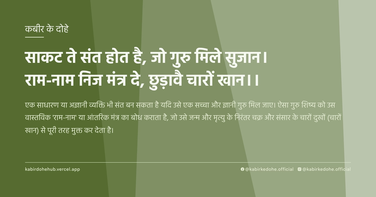 साकट ते संत होत है, जो गुरु मिले सुजान। राम-नाम निज मंत्र दे, छुड़ावै चारों खान।।