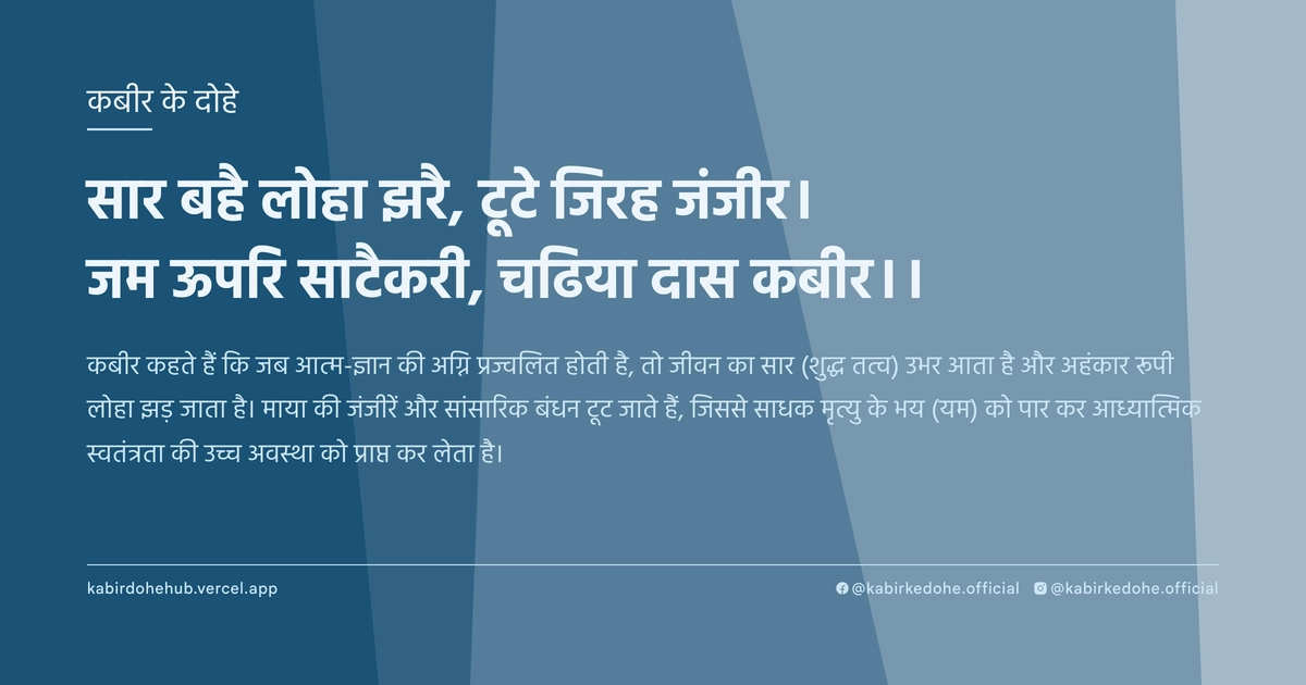 सार बहै लोहा झरै, टूटे जिरह जंजीर। जम ऊपरि साटैकरी, चढिया दास कबीर।।