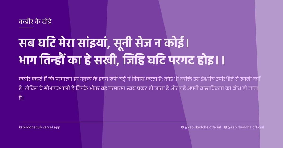 सब घटि मेरा सांइयां, सूनी सेज न कोई। भाग तिन्हौं का हे सखी, जिहि घटि परगट होइ।।