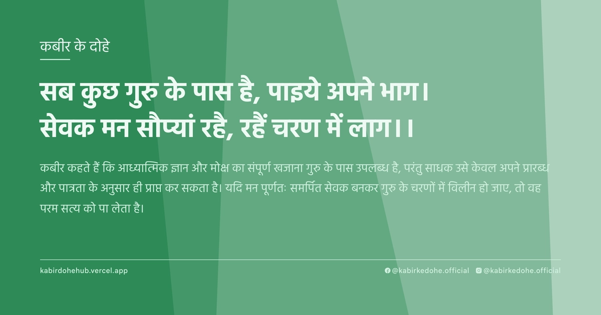 सब कुछ गुरु के पास है, पाइये अपने भाग। सेवक मन सौप्यां रहै, रहैं चरण में लाग।।