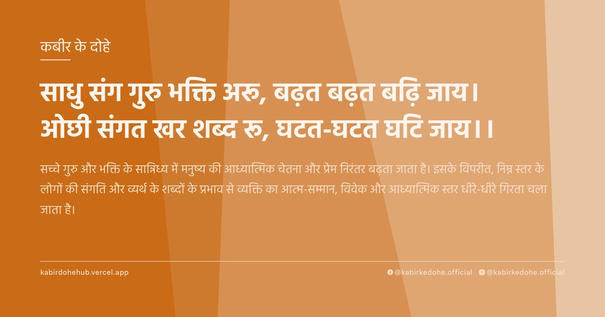 साधु संग गुरु भक्ति अरू, बढ़त बढ़त बढ़ि जाय। ओछी संगत खर शब्द रू, घटत-घटत घटि जाय।।