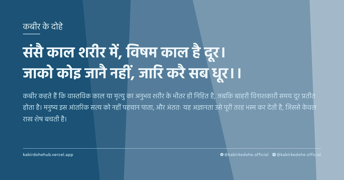 संसै काल शरीर में, विषम काल है दूर। जाको कोइ जानै नहीं, जारि करै सब धूर।।