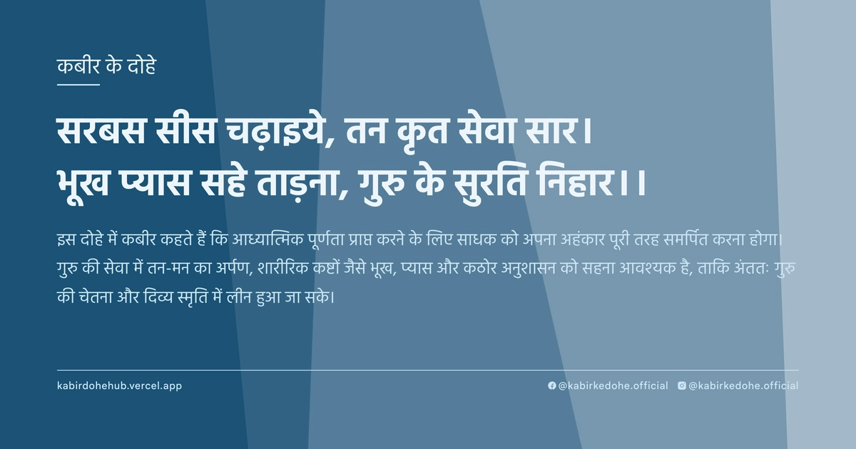 सरबस सीस चढ़ाइये, तन कृत सेवा सार। भूख प्यास सहे ताड़ना, गुरु के सुरति निहार।।