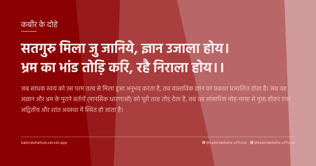 सतगुरु मिला जु जानिये, ज्ञान उजाला होय। भ्रम का भांड तोड़ि करि, रहै निराला होय।।
