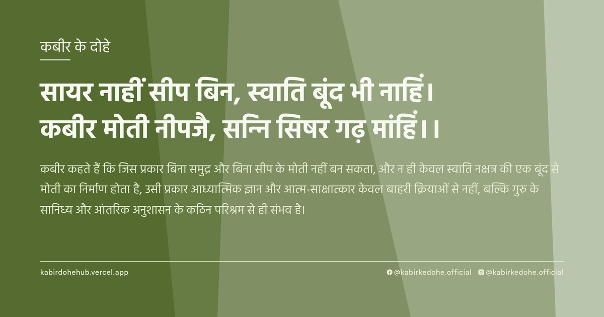 सायर नाहीं सीप बिन, स्वाति बूंद भी नाहिं। कबीर मोती नीपजै, सन्नि सिषर गढ़ मांहिं।।