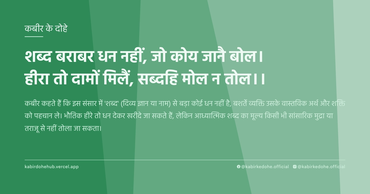 शब्‍द बराबर धन नहीं, जो कोय जानै बोल। हीरा तो दामों मिलैं, सब्‍दहि मोल न तोल।।