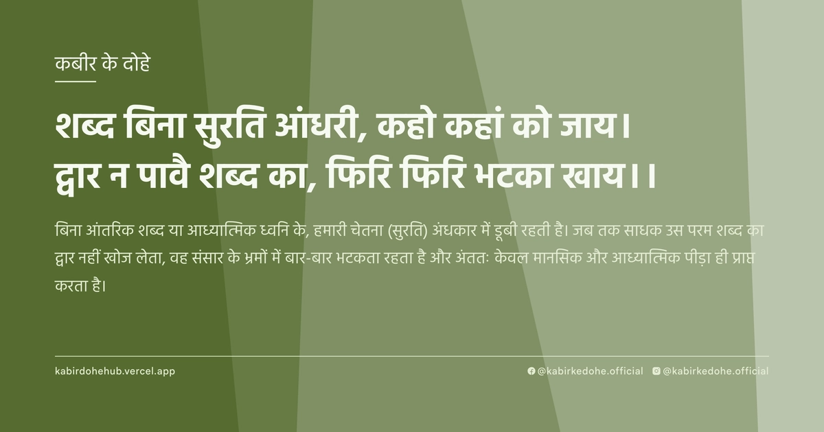 शब्‍द बिना सुरति आंधरी, कहो कहां को जाय। द्वार न पावै शब्‍द का, फिर‍ि फिर‍ि भटका खाय।।