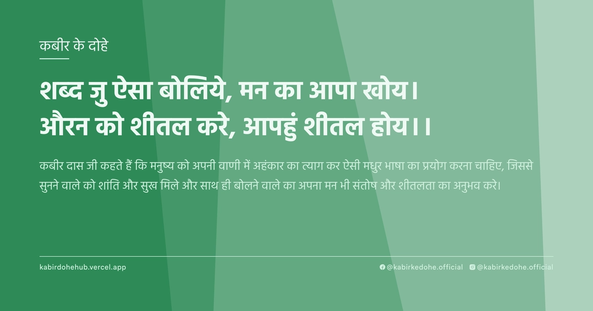 शब्‍द जु ऐसा बोलिये, मन का आपा खोय। औरन को शीतल करे, आपहुं शीतल होय।।