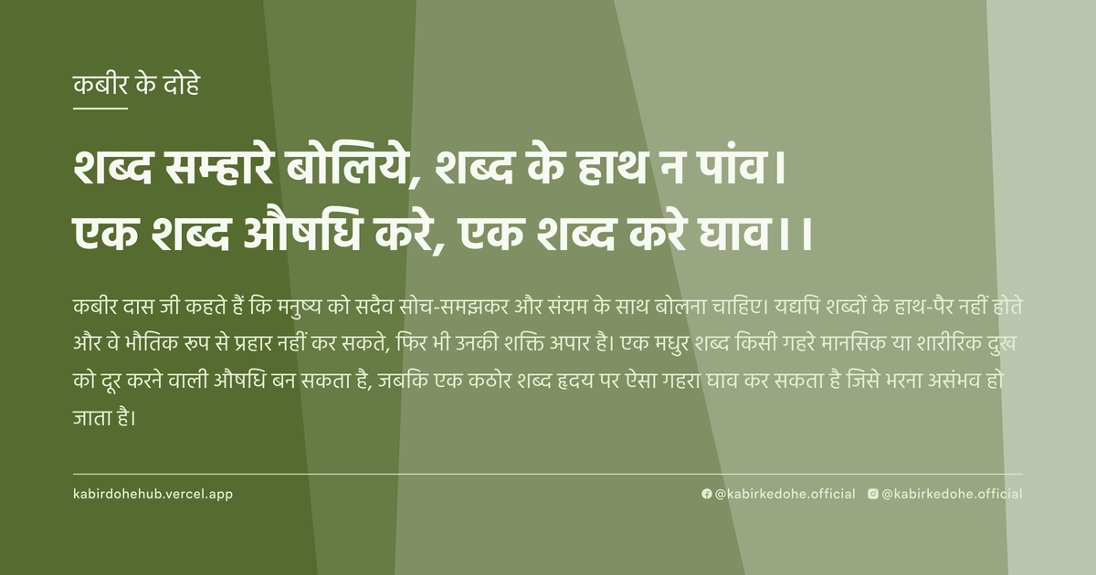 शब्‍द सम्‍हारे बोलिये, शब्‍द के हाथ न पांव। एक शब्‍द औषधि करे, एक शब्‍द करे घाव।।