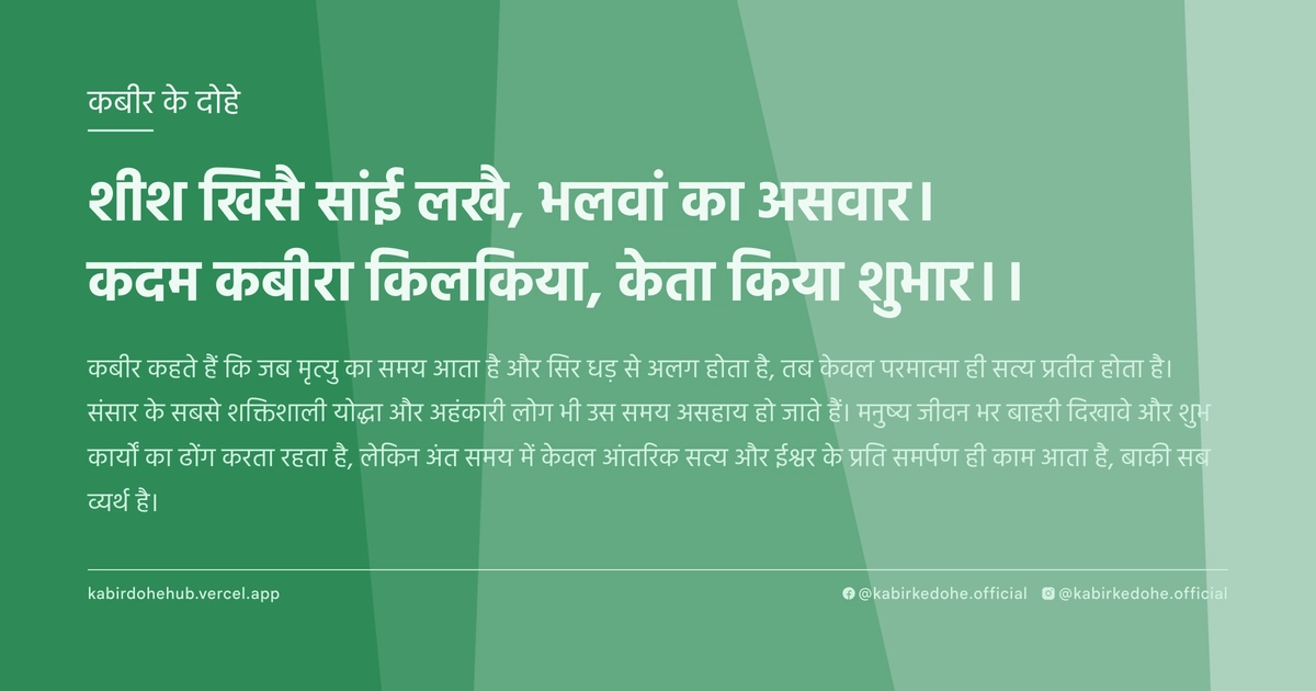 शीश खिसै सांई लखै, भलवां का असवार। कदम कबीरा किलकिया, केता किया शुभार।।