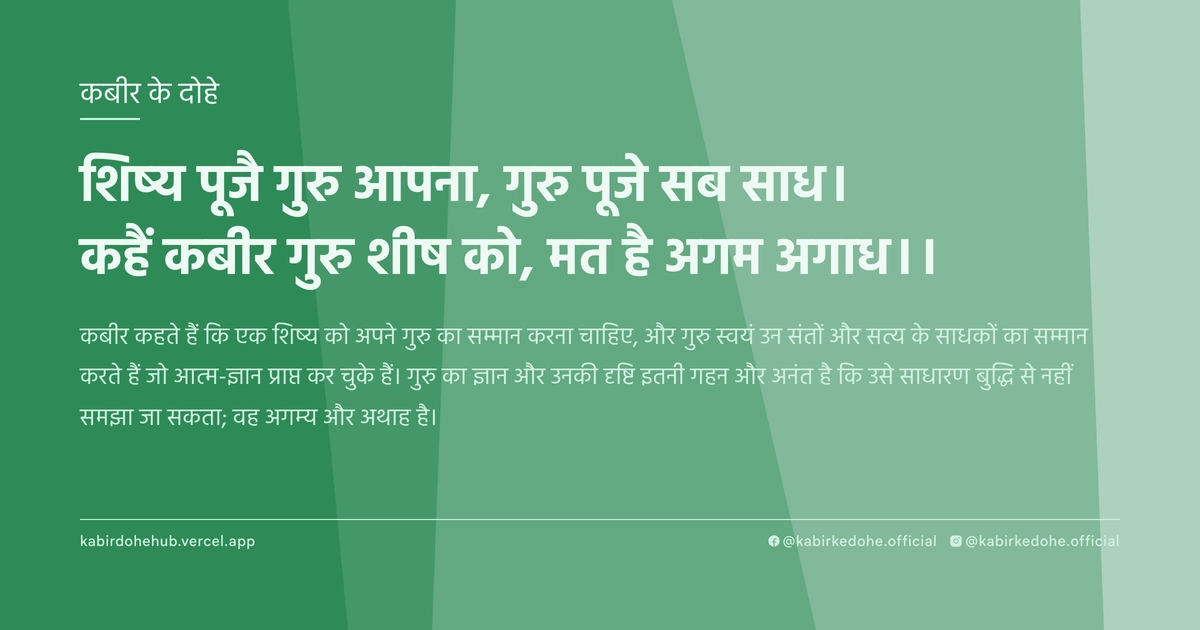 शिष्‍य पूजै गुरु आपना, गुरु पूजे सब साध। कहैं कबीर गुरु शीष को, मत है अगम अगाध।।