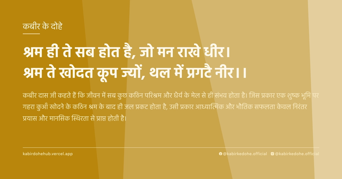 श्रम ही ते सब होत है, जो मन राखे धीर। श्रम ते खोदत कूप ज्‍यों, थल में प्रगटै नीर।।