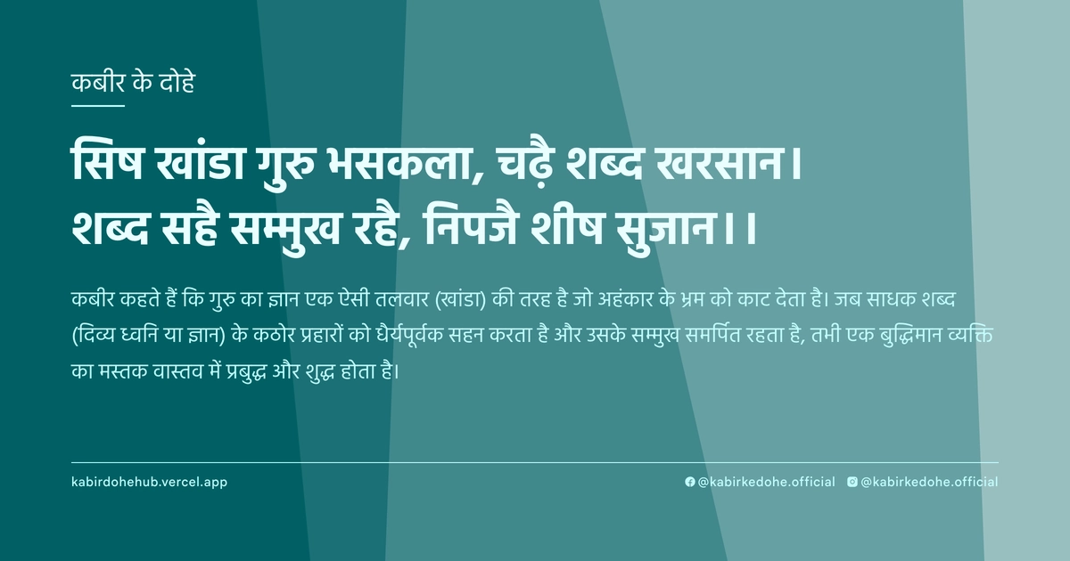 सिष खांडा गुरु भसकला, चढ़ै शब्द खरसान। शब्द सहै सम्मुख रहै, निपजै शीष सुजान।।