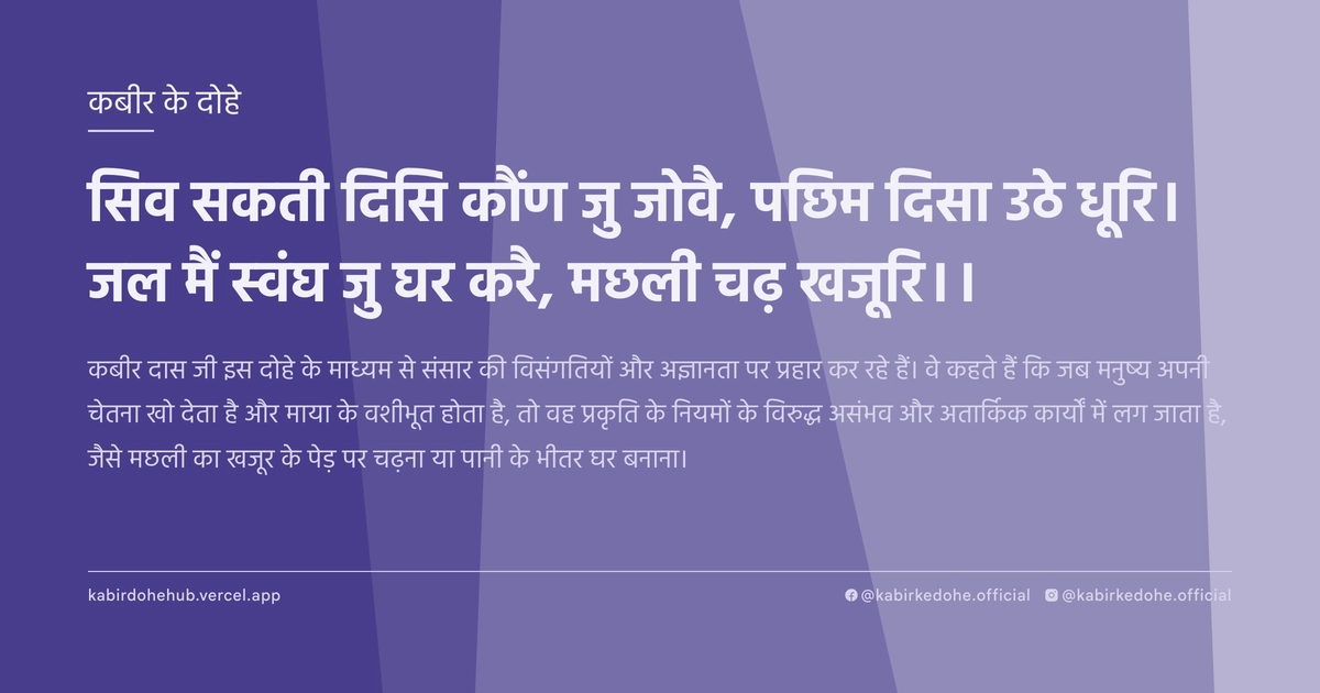 सिव सकती दिसि कौंण जु जोवै, पछिम दिसा उठे धूरि। जल मैं स्वंघ जु घर करै, मछली चढ़ खजूरि।।
