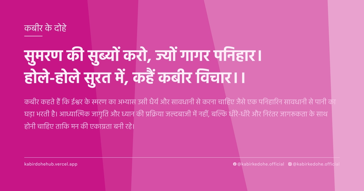 सुमरण की सुब्यों करो, ज्यों गागर पनिहार। होले-होले सुरत में, कहैं कबीर विचार।।