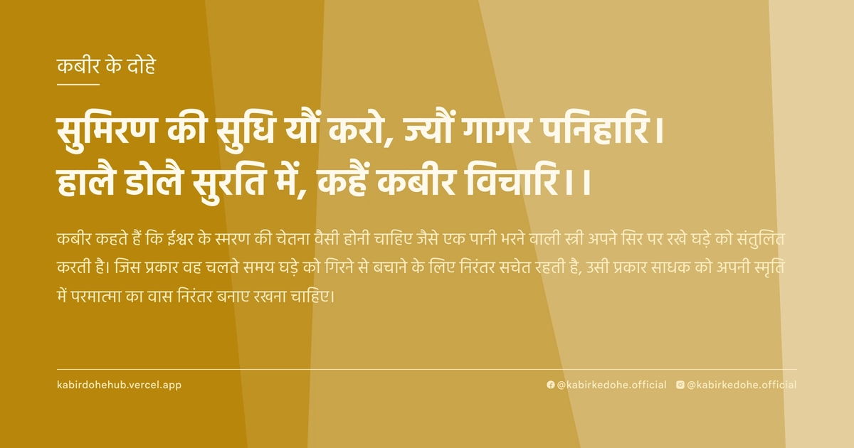सुमिरण की सुधि यौं करो, ज्यौं गागर पनिहारि। हालै डोलै सुरति में, कहैं कबीर विचारि।।