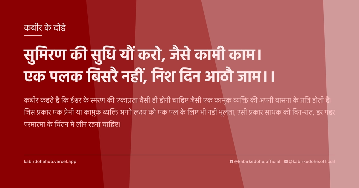 सुमिरण की सुधि यौं करो, जैसे कामी काम। एक पलक बिसरै नहीं, निश दिन आठौ जाम।।