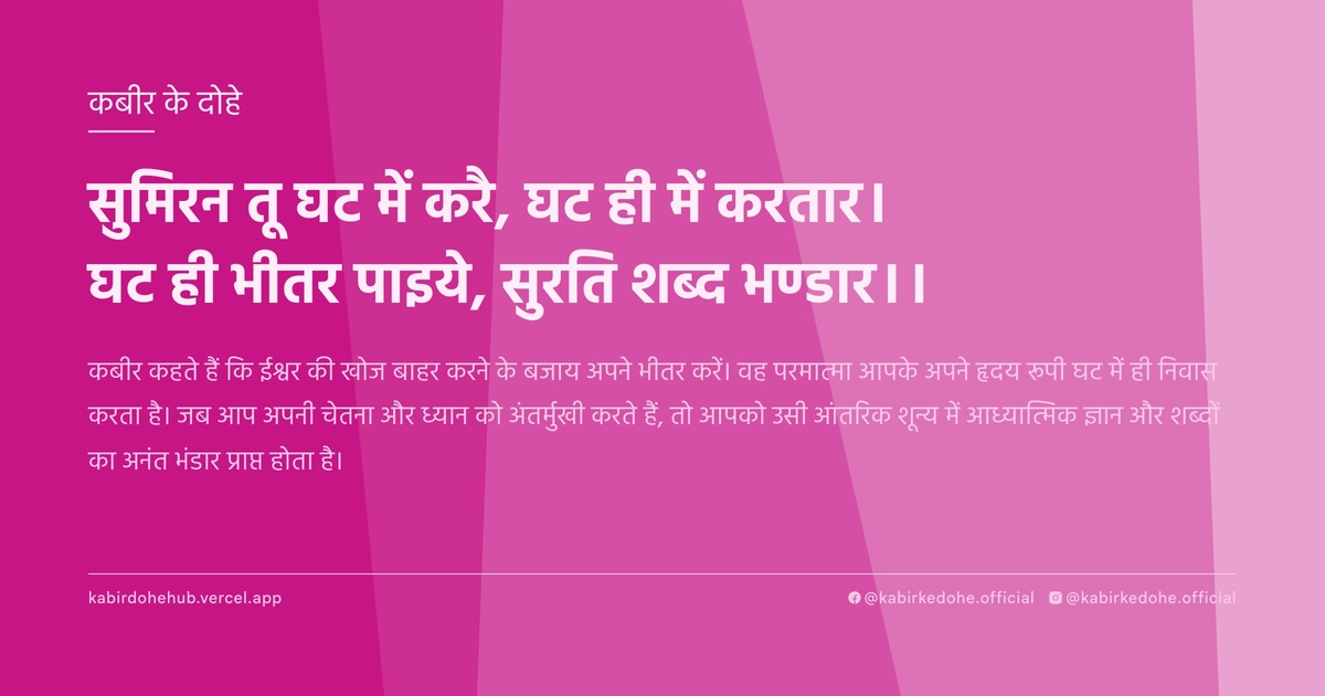 सुमिरन तू घट में करै, घट ही में करतार। घट ही भीतर पाइये, सुरति शब्द भण्डार।।