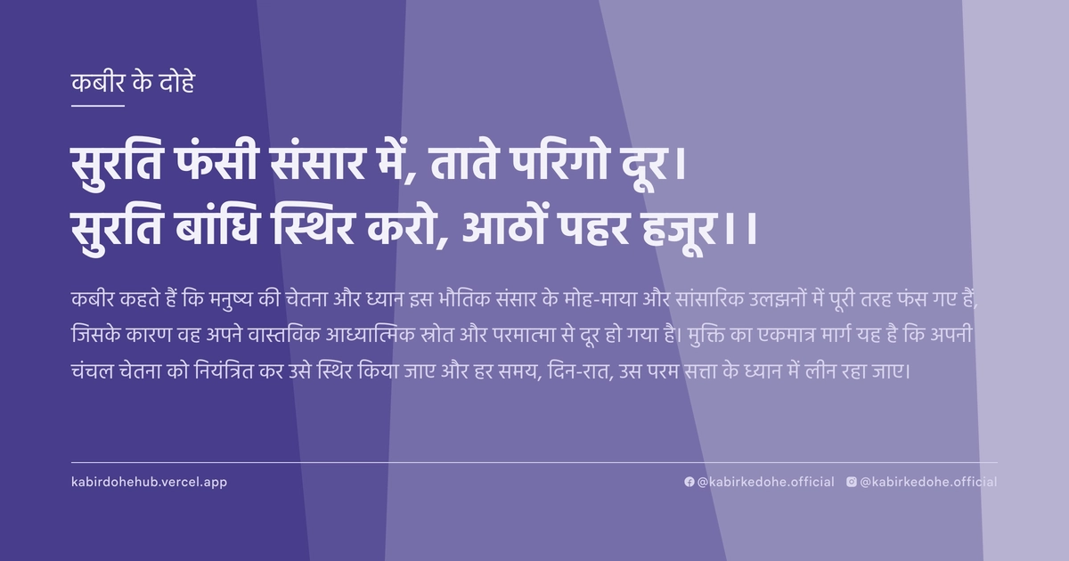 सुरति फंसी संसार में, ताते परिगो दूर। सुरति बांधि स्थिर करो, आठों पहर हजूर।।